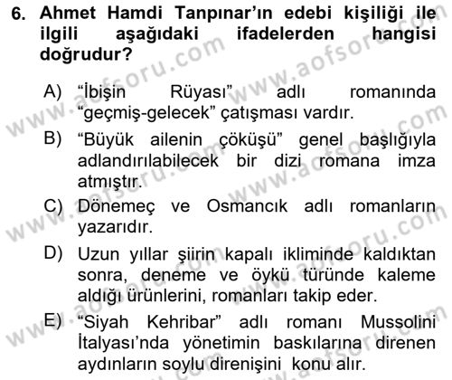 Çağdaş Türk Romanı Dersi 2015 - 2016 Yılı Tek Ders Sınav Soruları 6. Soru