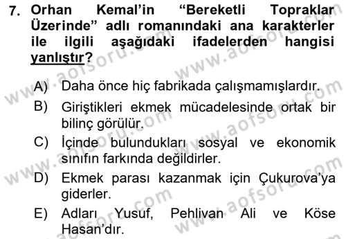 Çağdaş Türk Romanı Dersi 2015 - 2016 Yılı Tek Ders Sınav Soruları 7. Soru