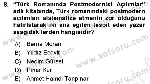 Çağdaş Türk Romanı Dersi 2015 - 2016 Yılı Tek Ders Sınav Soruları 8. Soru
