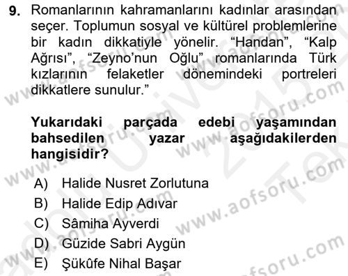 Çağdaş Türk Romanı Dersi 2015 - 2016 Yılı Tek Ders Sınav Soruları 9. Soru