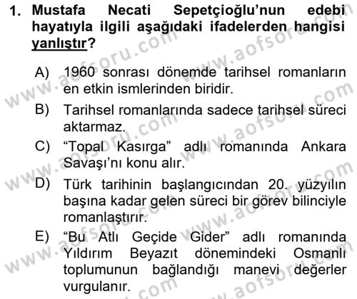 Çağdaş Türk Romanı Dersi 2017 - 2018 Yılı 3 Ders Sınav Soruları 1. Soru