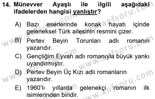 Çağdaş Türk Romanı Dersi 2017 - 2018 Yılı 3 Ders Sınav Soruları 14. Soru
