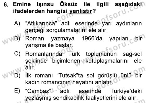 Çağdaş Türk Romanı Dersi 2017 - 2018 Yılı 3 Ders Sınav Soruları 6. Soru