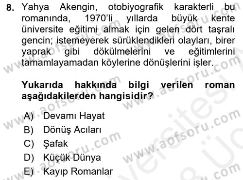 Çağdaş Türk Romanı Dersi 2017 - 2018 Yılı 3 Ders Sınav Soruları 8. Soru