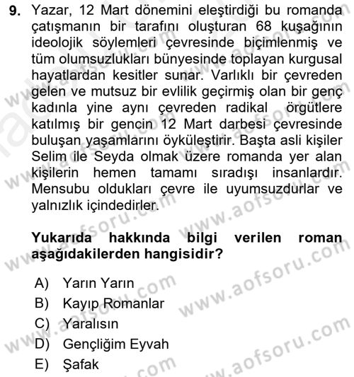 Çağdaş Türk Romanı Dersi 2017 - 2018 Yılı 3 Ders Sınav Soruları 9. Soru
