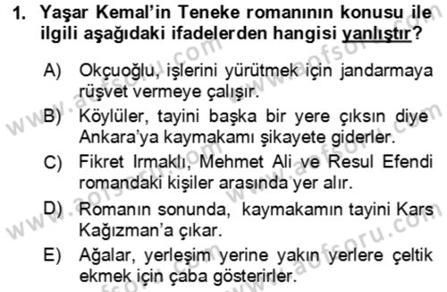 Çağdaş Türk Romanı Dersi 2017 - 2018 Yılı (Vize) Ara Sınav Soruları 1. Soru