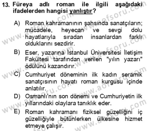 Çağdaş Türk Romanı Dersi 2018 - 2019 Yılı (Final) Dönem Sonu Sınav Soruları 13. Soru