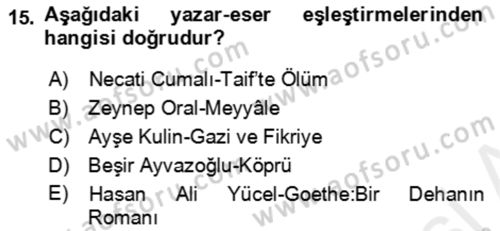 Çağdaş Türk Romanı Dersi 2018 - 2019 Yılı (Final) Dönem Sonu Sınav Soruları 15. Soru