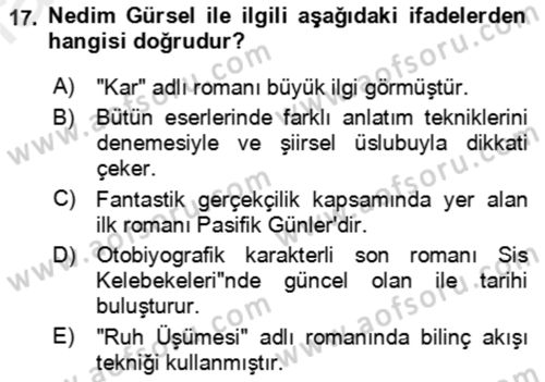 Çağdaş Türk Romanı Dersi 2018 - 2019 Yılı (Final) Dönem Sonu Sınav Soruları 17. Soru