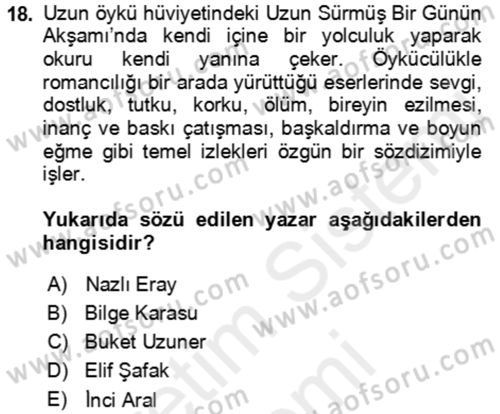 Çağdaş Türk Romanı Dersi 2018 - 2019 Yılı (Final) Dönem Sonu Sınav Soruları 18. Soru
