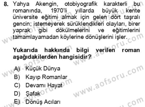 Çağdaş Türk Romanı Dersi 2018 - 2019 Yılı (Final) Dönem Sonu Sınav Soruları 8. Soru