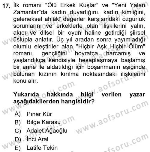 Çağdaş Türk Romanı Dersi 2018 - 2019 Yılı Yaz Okulu Sınav Soruları 17. Soru
