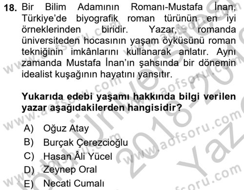 Çağdaş Türk Romanı Dersi 2018 - 2019 Yılı Yaz Okulu Sınav Soruları 18. Soru