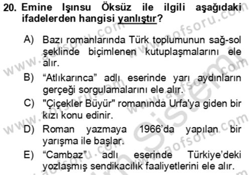 Çağdaş Türk Romanı Dersi 2021 - 2022 Yılı (Vize) Ara Sınav Soruları 20. Soru