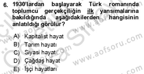 Çağdaş Türk Romanı Dersi 2021 - 2022 Yılı (Vize) Ara Sınav Soruları 6. Soru