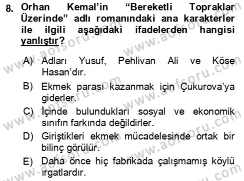 Çağdaş Türk Romanı Dersi 2021 - 2022 Yılı (Vize) Ara Sınav Soruları 8. Soru