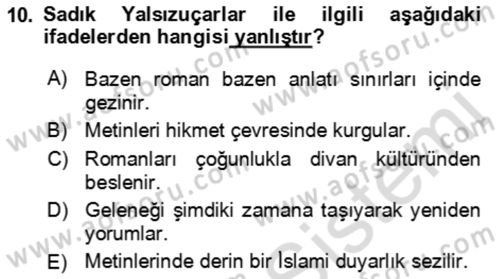 Çağdaş Türk Romanı Dersi 2021 - 2022 Yılı (Final) Dönem Sonu Sınav Soruları 10. Soru