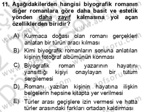 Çağdaş Türk Romanı Dersi 2021 - 2022 Yılı (Final) Dönem Sonu Sınav Soruları 11. Soru