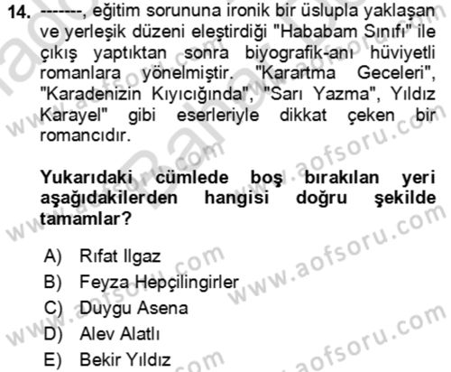 Çağdaş Türk Romanı Dersi 2021 - 2022 Yılı (Final) Dönem Sonu Sınav Soruları 14. Soru
