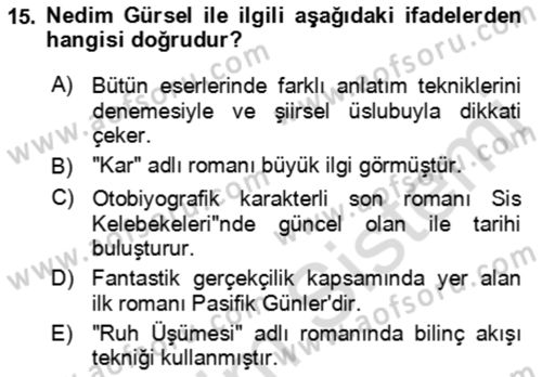 Çağdaş Türk Romanı Dersi 2021 - 2022 Yılı (Final) Dönem Sonu Sınav Soruları 15. Soru