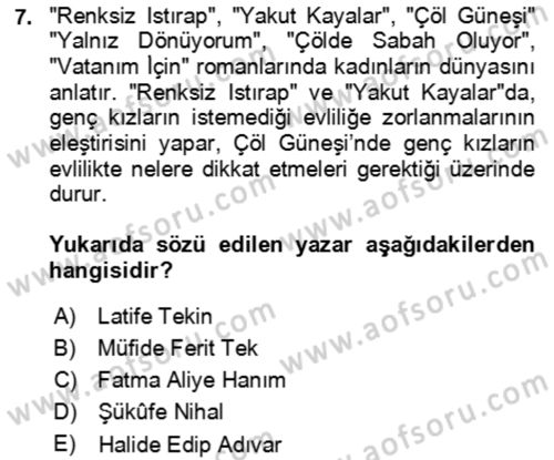 Çağdaş Türk Romanı Dersi 2021 - 2022 Yılı (Final) Dönem Sonu Sınav Soruları 7. Soru