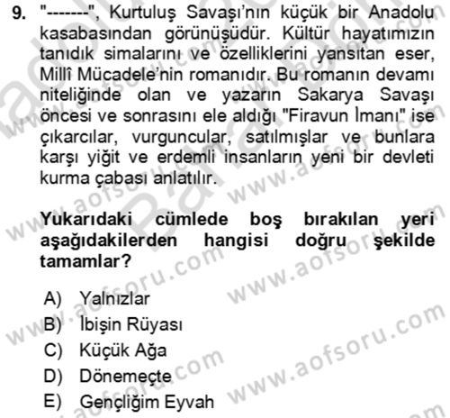 Çağdaş Türk Romanı Dersi 2021 - 2022 Yılı (Final) Dönem Sonu Sınav Soruları 9. Soru