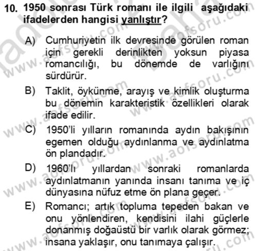 Çağdaş Türk Romanı Dersi 2023 - 2024 Yılı (Vize) Ara Sınav Soruları 10. Soru