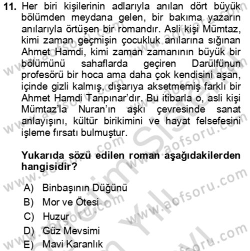 Çağdaş Türk Romanı Dersi 2023 - 2024 Yılı (Vize) Ara Sınav Soruları 11. Soru