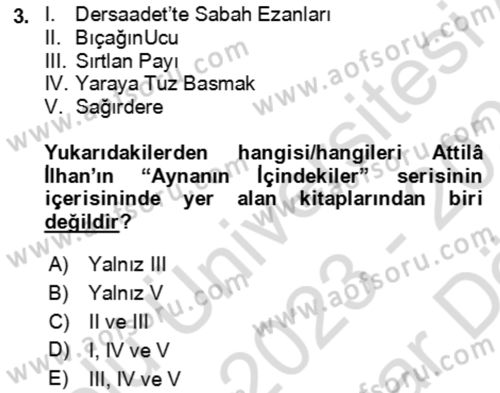 Çağdaş Türk Romanı Dersi 2023 - 2024 Yılı (Vize) Ara Sınav Soruları 3. Soru
