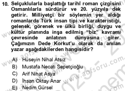 Çağdaş Türk Romanı Dersi 2023 - 2024 Yılı (Final) Dönem Sonu Sınav Soruları 10. Soru