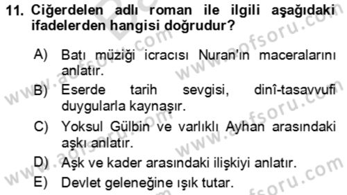 Çağdaş Türk Romanı Dersi 2023 - 2024 Yılı (Final) Dönem Sonu Sınav Soruları 11. Soru