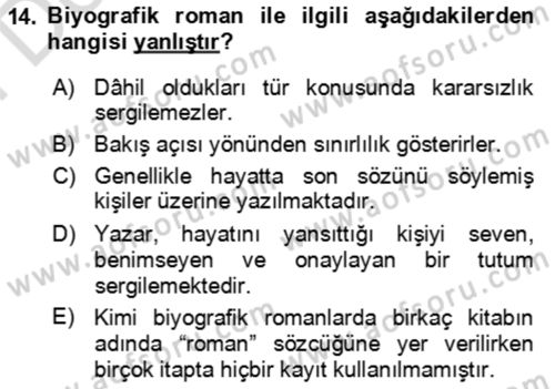 Çağdaş Türk Romanı Dersi 2023 - 2024 Yılı (Final) Dönem Sonu Sınav Soruları 14. Soru