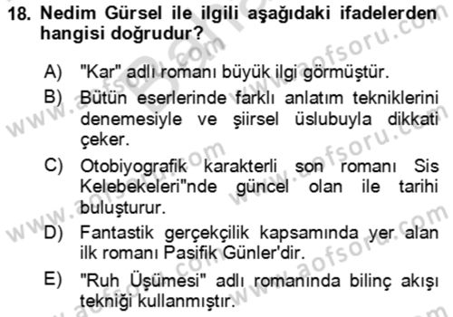 Çağdaş Türk Romanı Dersi 2023 - 2024 Yılı (Final) Dönem Sonu Sınav Soruları 18. Soru
