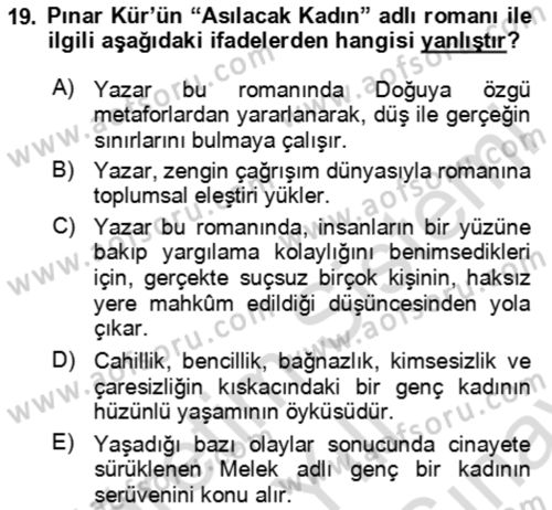 Çağdaş Türk Romanı Dersi 2023 - 2024 Yılı (Final) Dönem Sonu Sınav Soruları 19. Soru