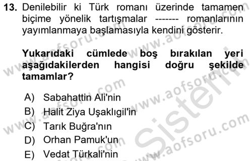 Çağdaş Türk Romanı Dersi 2024 - 2025 Yılı (Vize) Ara Sınav Soruları 13. Soru