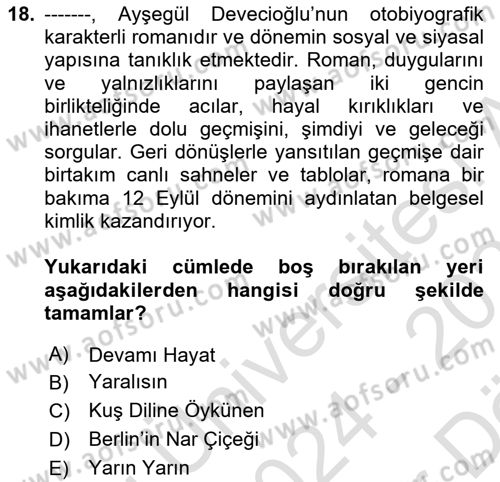 Çağdaş Türk Romanı Dersi 2024 - 2025 Yılı (Vize) Ara Sınav Soruları 18. Soru