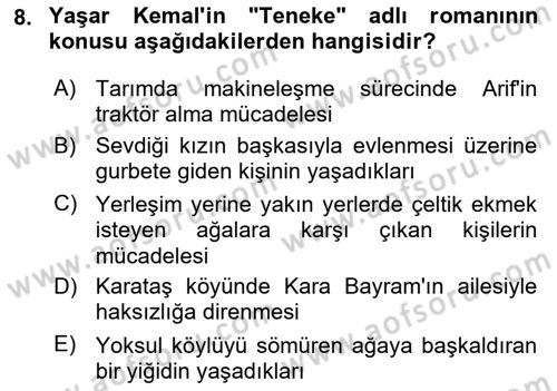Çağdaş Türk Romanı Dersi 2024 - 2025 Yılı (Vize) Ara Sınav Soruları 8. Soru