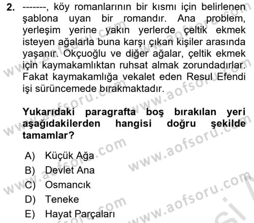Çağdaş Türk Romanı Dersi 2024 - 2025 Yılı (Final) Dönem Sonu Sınav Soruları 2. Soru