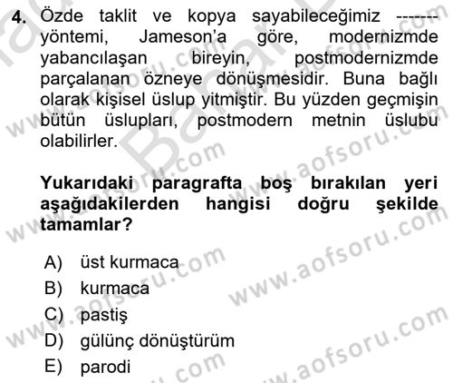 Çağdaş Türk Romanı Dersi 2024 - 2025 Yılı (Final) Dönem Sonu Sınav Soruları 4. Soru