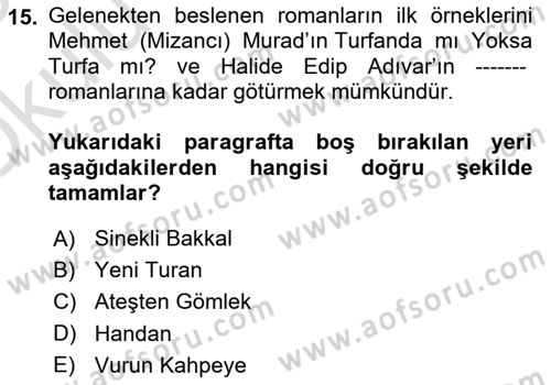 Çağdaş Türk Romanı Dersi 2024 - 2025 Yılı Yaz Okulu Sınav Soruları 15. Soru