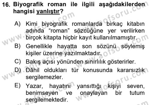 Çağdaş Türk Romanı Dersi 2024 - 2025 Yılı Yaz Okulu Sınav Soruları 16. Soru