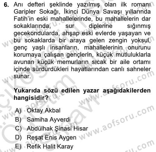 Çağdaş Türk Romanı Dersi 2024 - 2025 Yılı Yaz Okulu Sınav Soruları 6. Soru