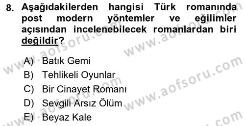 Çağdaş Türk Romanı Dersi 2024 - 2025 Yılı Yaz Okulu Sınav Soruları 8. Soru