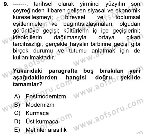 Çağdaş Türk Romanı Dersi 2024 - 2025 Yılı Yaz Okulu Sınav Soruları 9. Soru