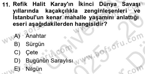 Çağdaş Türk Romanı Dersi 2025 - 2026 Yılı (Vize) Ara Sınav Soruları 11. Soru