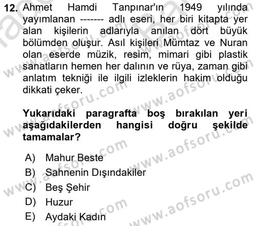 Çağdaş Türk Romanı Dersi 2025 - 2026 Yılı (Vize) Ara Sınav Soruları 12. Soru