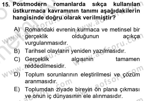Çağdaş Türk Romanı Dersi 2025 - 2026 Yılı (Vize) Ara Sınav Soruları 15. Soru