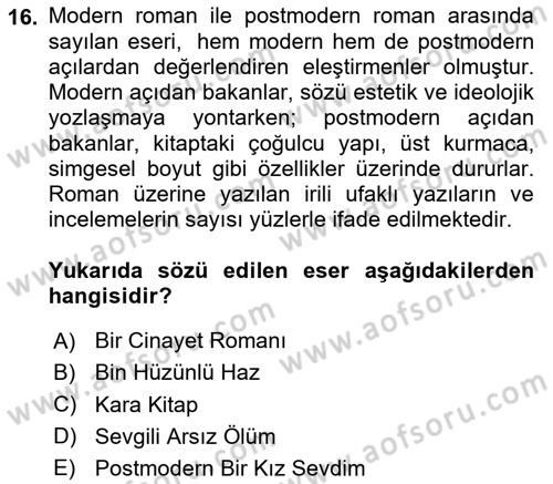 Çağdaş Türk Romanı Dersi 2025 - 2026 Yılı (Vize) Ara Sınav Soruları 16. Soru