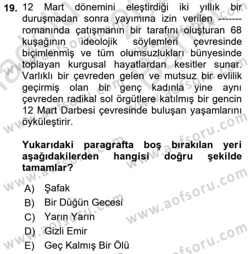 Çağdaş Türk Romanı Dersi 2025 - 2026 Yılı (Vize) Ara Sınav Soruları 19. Soru