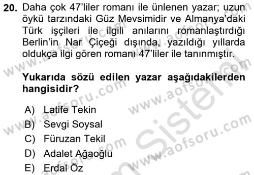 Çağdaş Türk Romanı Dersi 2025 - 2026 Yılı (Vize) Ara Sınav Soruları 20. Soru